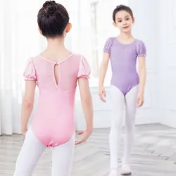 Gymnastic Leotard Girls Puff Sleeves Ballet Leotard Short Sleeves Bodysuit Mesh Splice Drop Hollow Back Dance Costumes Kids