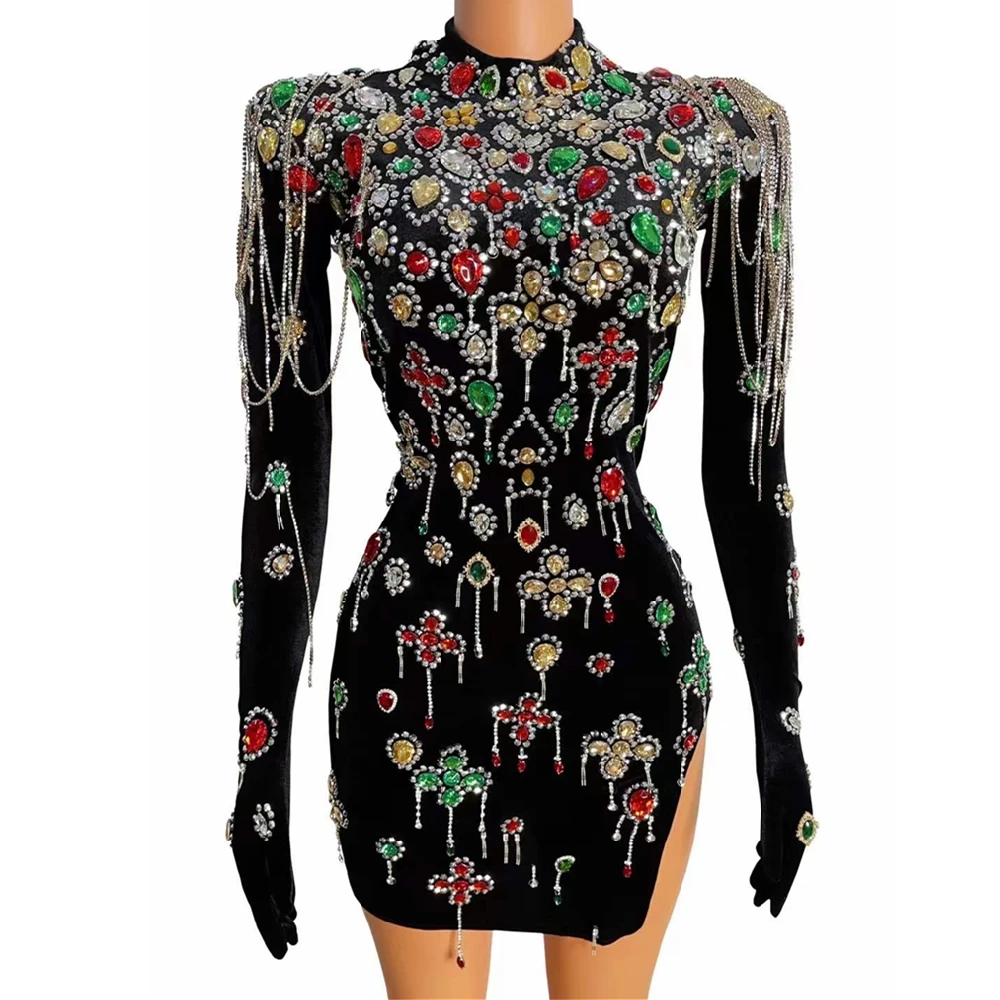 Charm Black Women Crystal Rhinestone Sheath Dress Long Sleeves Party Outfit Nightclub DJ Singer Stage Show Drag Queen Costume