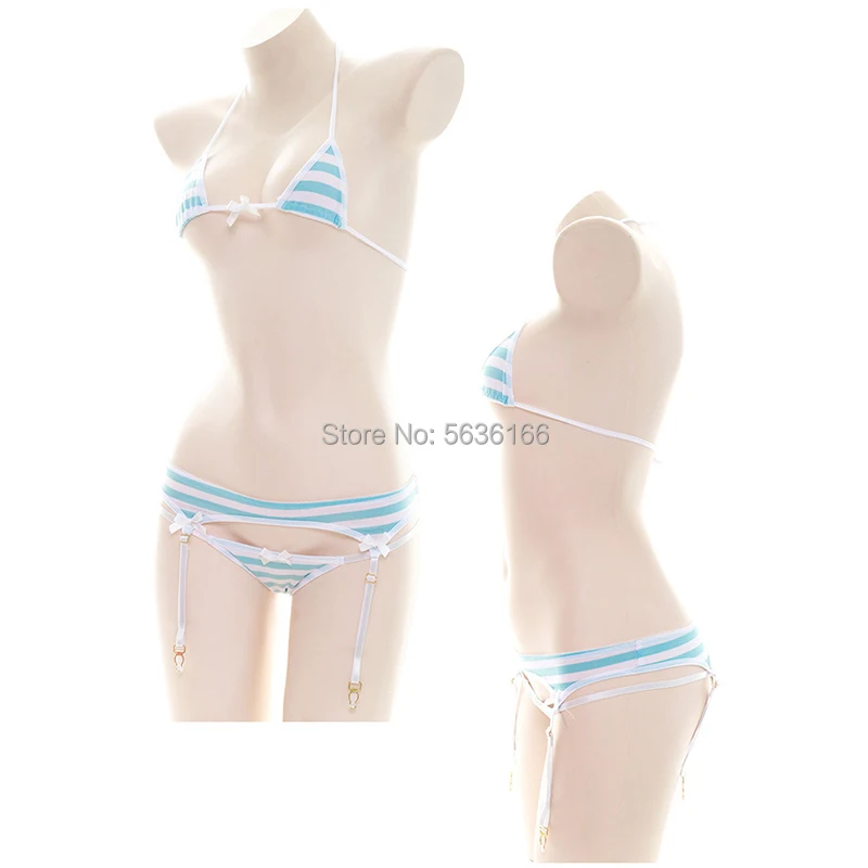 Japanse Sexy Lingerie Lolita Kawaii Blauw Roze Wit Gestreepte Mini Bikini Volwassen Cosplay Erotische Kostuums Beha Vrouwen Ondergoed Set