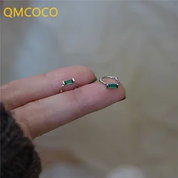 QMCOCO Korean INS Style Silver Color Simple Green Zircon Earrings Vintage Fashion Chic Earrings Hoop For Women Jewelry Gifts