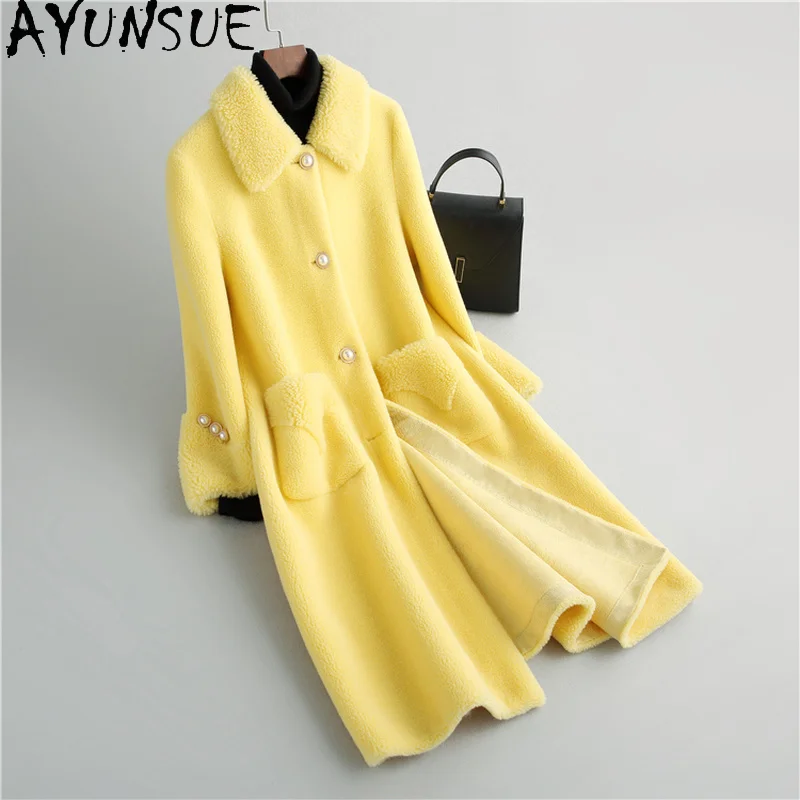 

AYUNSUE Elegant Winter Jacket Women 2021 Korean Long 100% Real Wool Coat Female Sheep Shearling Jackets Jaqueta Feminina Gxy606