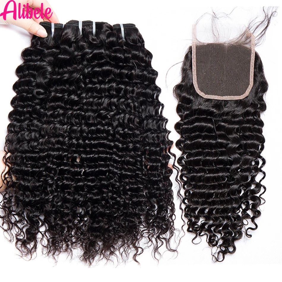 Alibele Deep Wave Bundles With 5x5 HD Lace Closure Brazilian Curly Wave Human Hair Bundles With Transparent Lace Closure 4X4