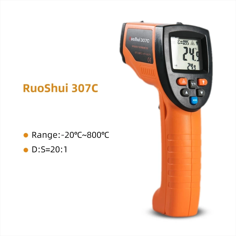 RuoShui ดิจิตอลเครื่องวัดอุณหภูมิแบบอินฟราเรด Pyrometer IR อุณหภูมิเลเซอร์เครื่องมือ LCD จอแสดงผล C/F เครื่องวัดอุณหภูมิ