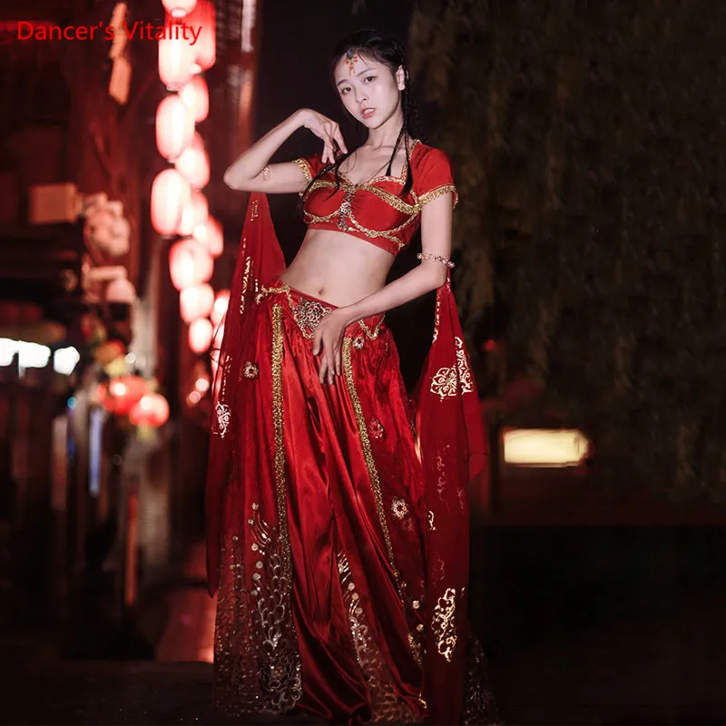 Belly Dance Suit Short Sleeve Top Embroidered Pants Indian Dancewear Female  Trousers Performance Oriental Clothing Set Cosplay