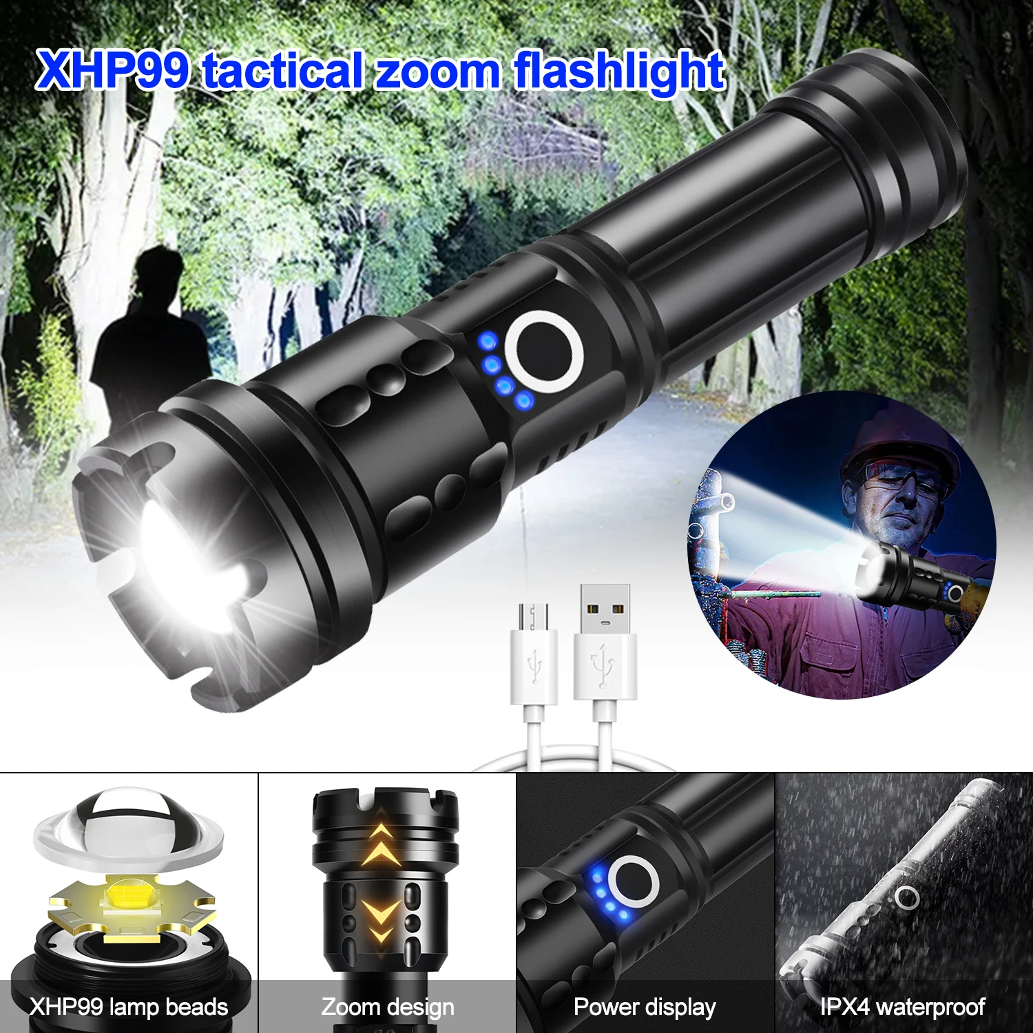 

Most Powerful 50W XHP99 LED Flashlight Rechargeable Torch Tactical High Power Zoomable Lantern Long Shot Hand Lamp For Camping