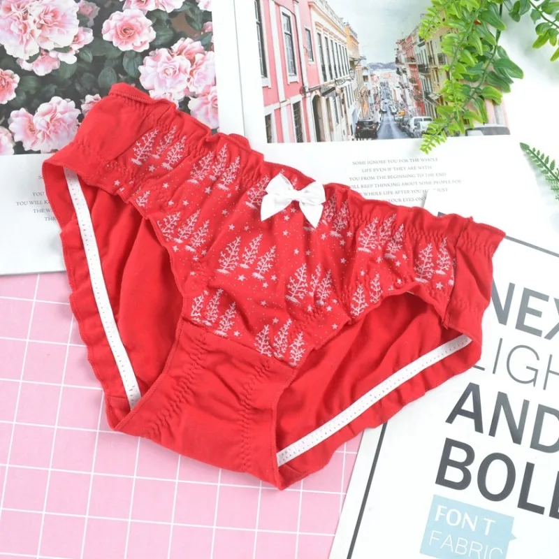 Japanese Style Cute Lovely Christmas Tree Cotton Women Panties Bow Flounced Low Waist Soft Seamless Female Underwear Breifs