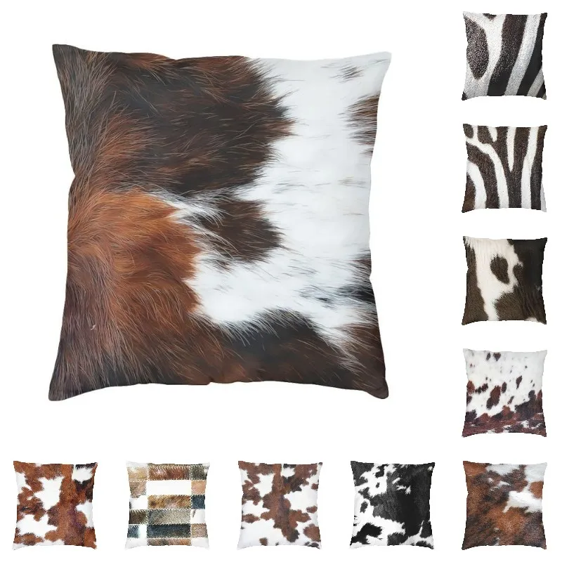 Scottish Highland Cow Cowhide Texture Pillow Living Room Decoration Kawaii Animal Hide Leather Cushion Printing Pillowcase