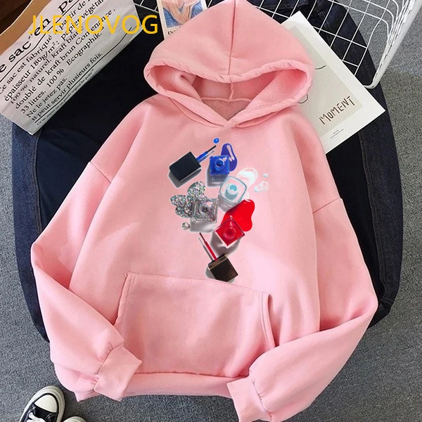 Lipstick Nail Polish Print Pink Hoodies Women Kpop Autumn Winter Sweatshirt Femme Casual Long-Sleeved Sudadera Mujer Coat