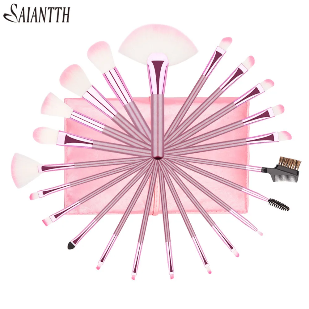 SAIANTTH-Juego de brochas de maquillaje de madera rosa para mujer, kit de Base en polvo, sombra de ojos, estuche de cuero para belleza facial profesional, 22 piezas