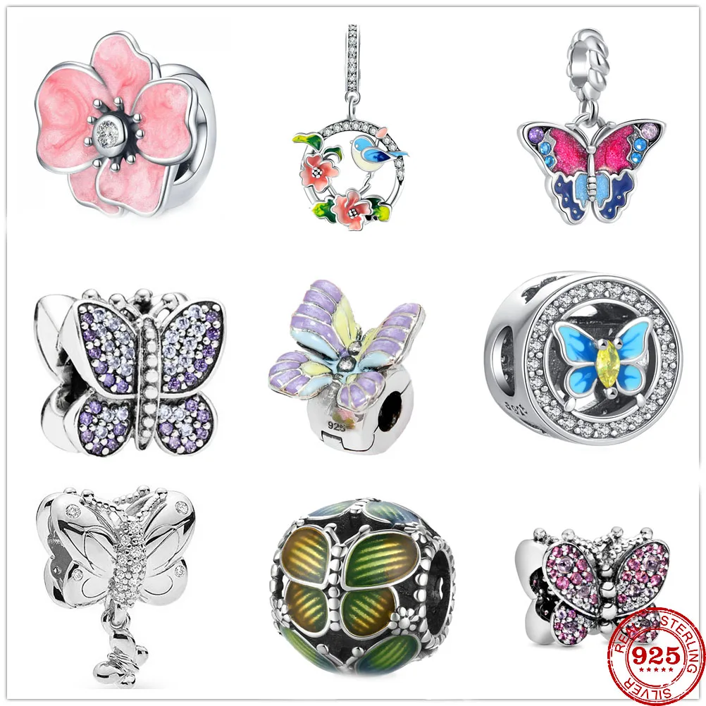 

New Hot Sale 925 Sterling Silver Pretty flower butterfly Charm Beads Fit Original Pandora Charms Braceler DIY Woman Jewelry Gift