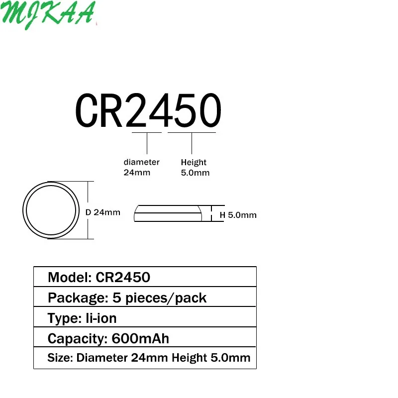 100 batterie a bottone CR2450 KCR2450 5029LC LM2450 batteria al litio a bottone 3V CR 2450 per orologio giocattolo elettronico a distanza