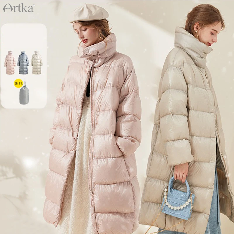 

ARTKA 2021 Winter New Women Down Jacket 3 Color Fashion Glossy 90% White Duck Down Coat Loose Long Warm Down Jacket YK25011D