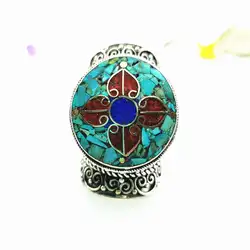 Tibetan Rings Nepal Vintage Big Ring Copper Inlaid Colorful Stone Big Ring for Man Spring New Arrival R008