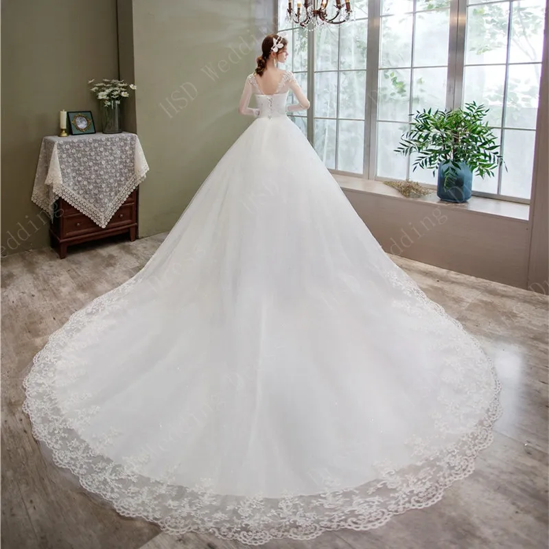 Muslimmuslimah abito da sposa ricamo in pizzo con manica lunga treno abito vero Vedio scollo a V elegante Plus Size Vestido De Noiva