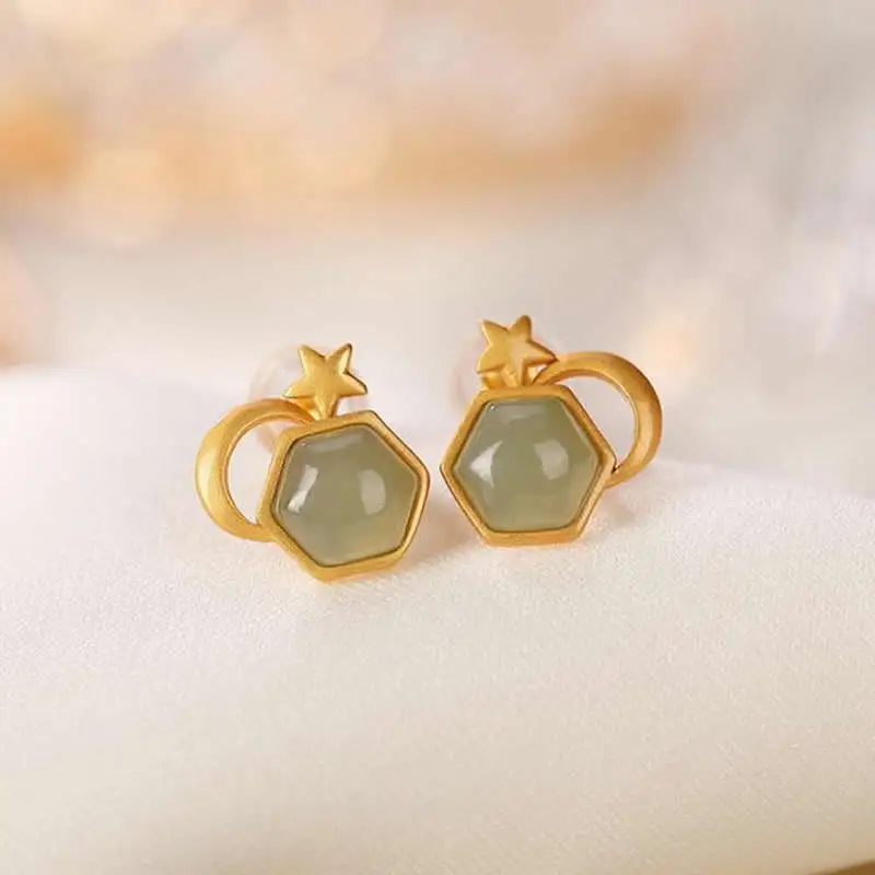 

Pure S925 Silver Earrings Natural Green Jadeite Star Moon Stud Earrings Vintage Earrings