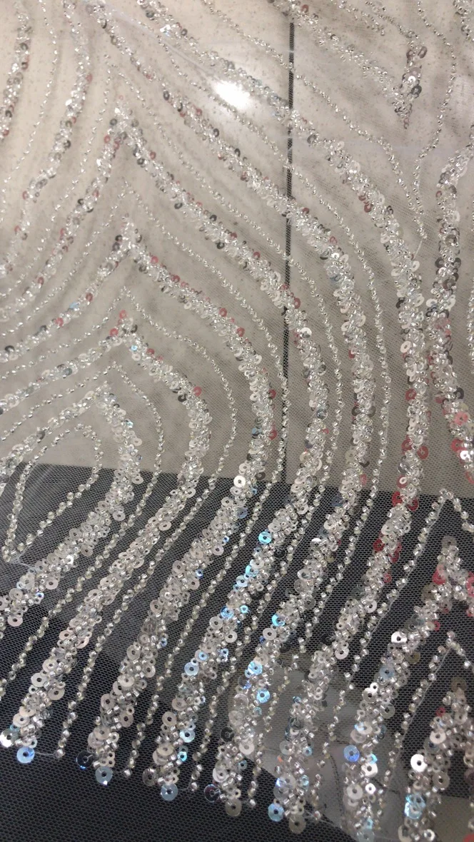 5 yards/bag    Silver embroidered sequin beaded new European and American style fabric for wedding dress design   MX745#