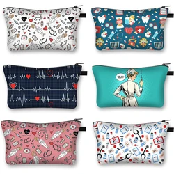 Nurse ECG Printing Cosmetic Bag Hot Sale Cartoon Doctor Woman Coin Purse Cosmetic Storage Bag Travel Cosmetic Case