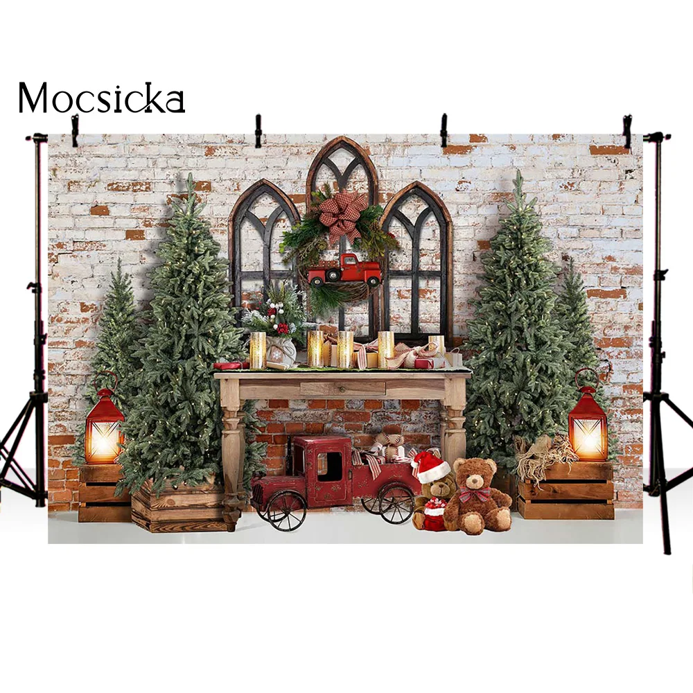 Mocsicka 크리스마스 트리 배경 사진 실내 벽돌 벽 장난감 곰 선물 장식 어린이 아기 초상화 사진 배경 배너