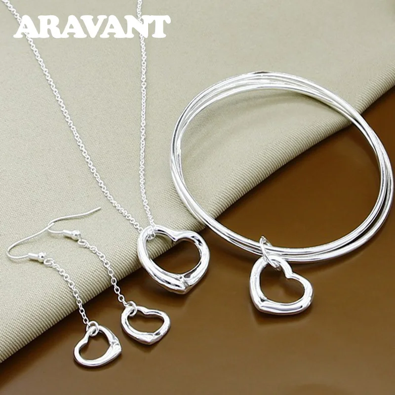 

Wedding Jewelry Set 925 Silver Heart Long Chain Drop Earring Pendants Necklace Bracelet Bangle For Women