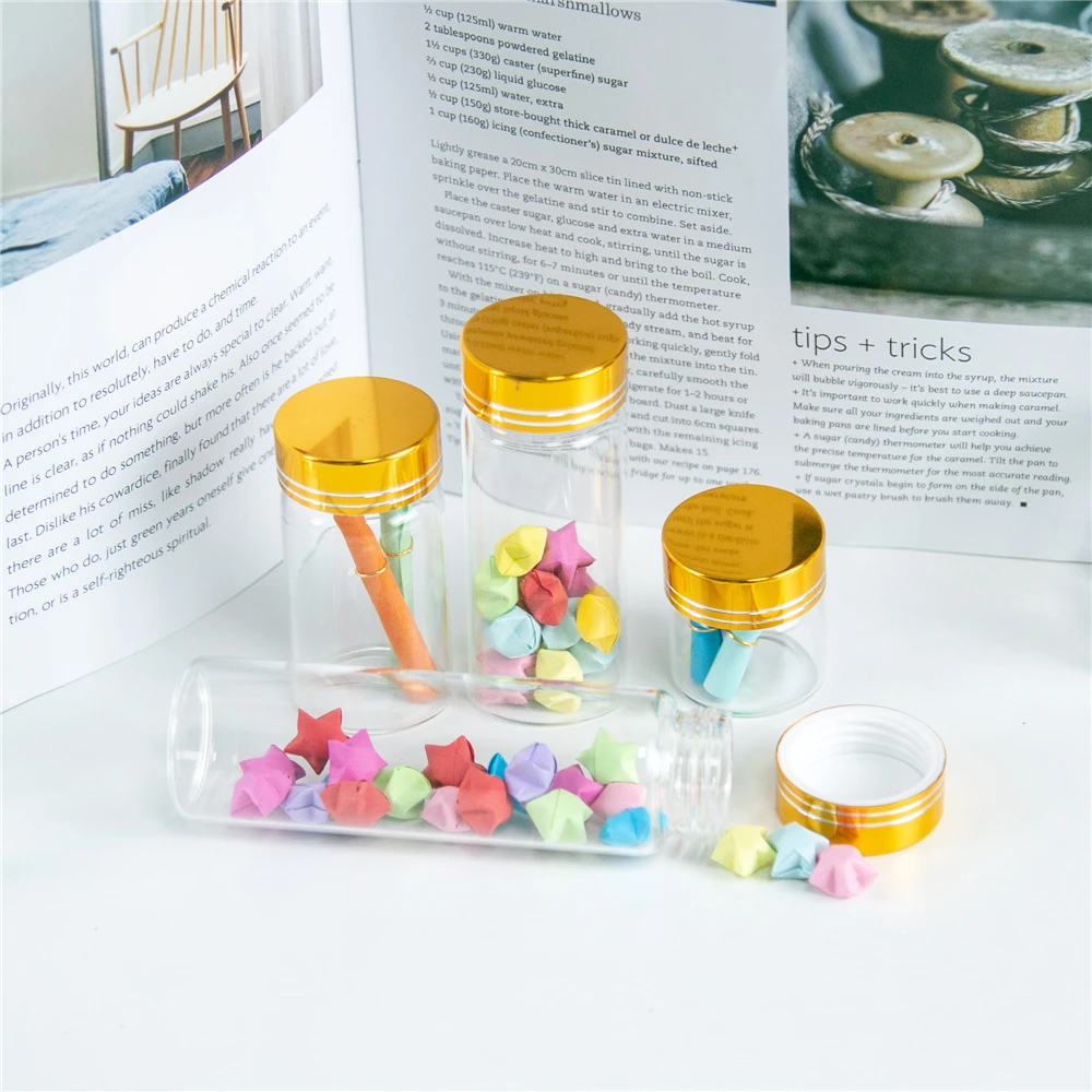 

24Pcs 20ml 50ml 65ml 90ml Hyaline Glass Container have Spiral Plastic Cap with Golden Tangent Simple Lovely Reusable Craft Vials