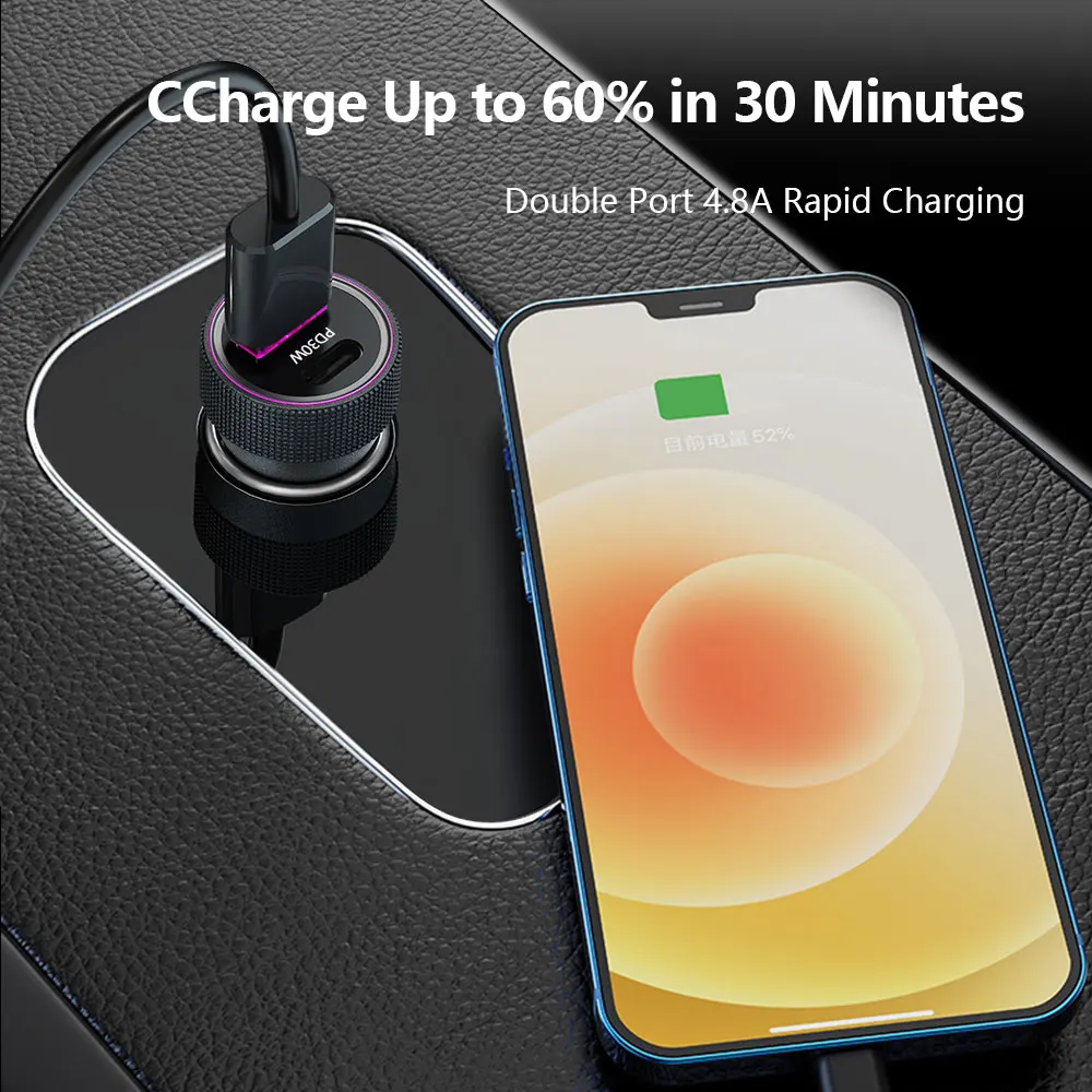 GEYIREN USB Car Charger Type C 30W Fast Charing 2 Port 5A 12-24V Electronic Cigarette Lighter Adapter USB Socket For All Phone