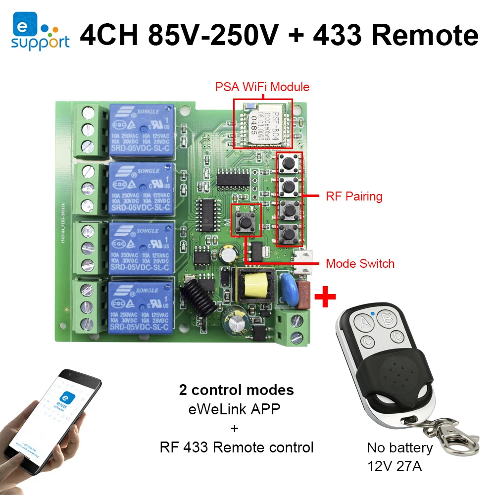 eWeLink Smart Home 433MHz Remote Control Wifi wireless Switch Module 4CH DC 7V-32V 12V 24V 220V Inching Self-locking RF Receiver