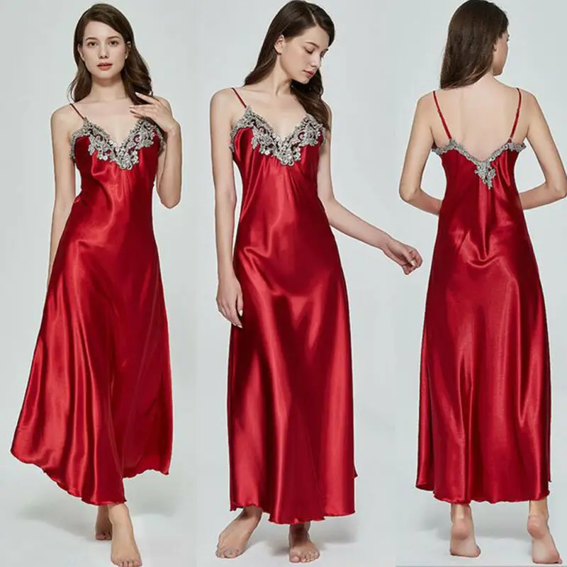 السيدات المرأة الساتان طويل قمصان النوم الحرير الدانتيل مثير الملابس الداخلية Feamle بلا أكمام عميق الخامس فستان سهرة ملابس خاصة لنا #6