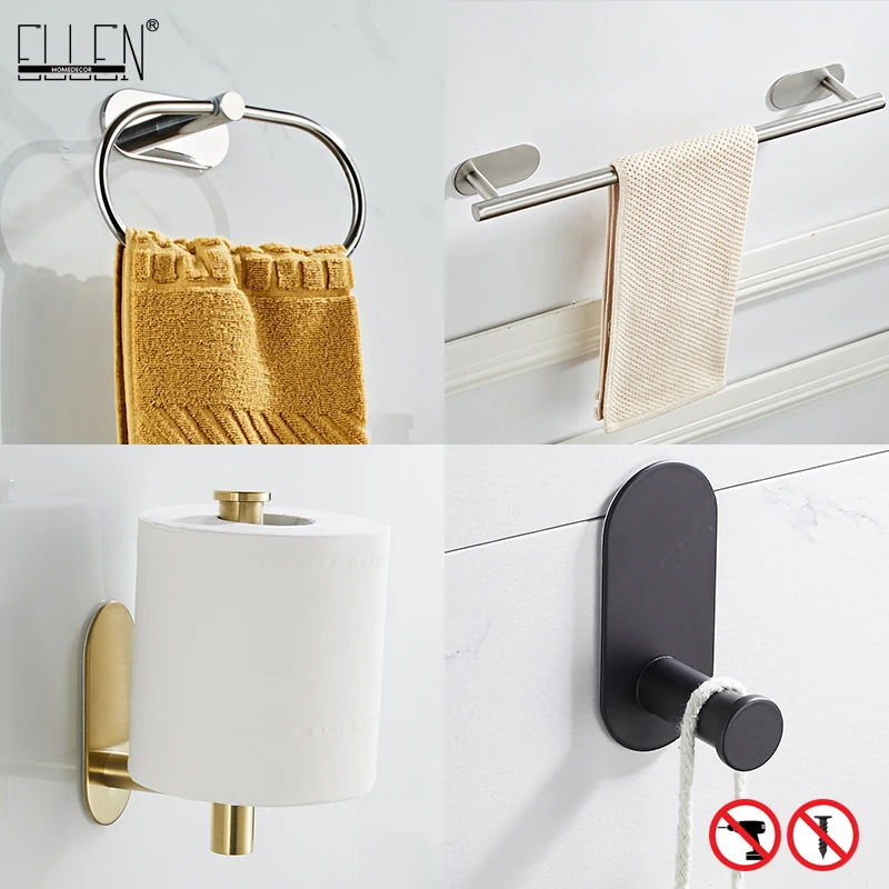 ELLEN Bathroom Accessories Set No Punching Towel Bar Towel Ring Toilet Paper Holder Robe Hook  Black ELB1001