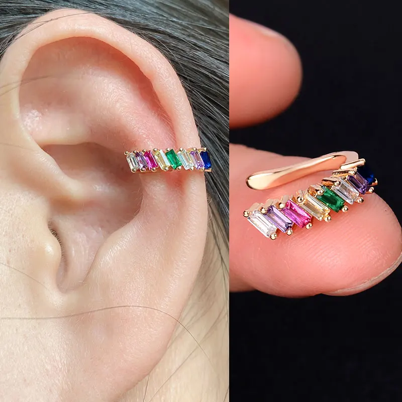 Brincos de clipe de orelha em cristal, elegantes flores, folhas, arco-íris, punhos para mulheres, envoltório, sem piercing, joias de casamento, 1