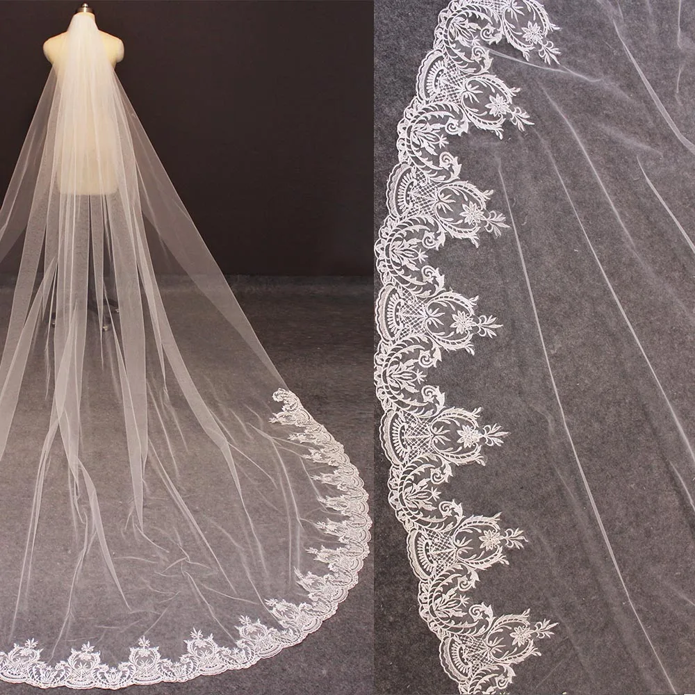 วิหาร Lace Wedding Veil 3เมตรยาวชั้นผ้าคลุมหน้าเจ้าสาวด้วยหวีสีขาว Ivory Veil สำหรับชุดแต่งงานงานแต่งงานอุปกรณ์เสริม