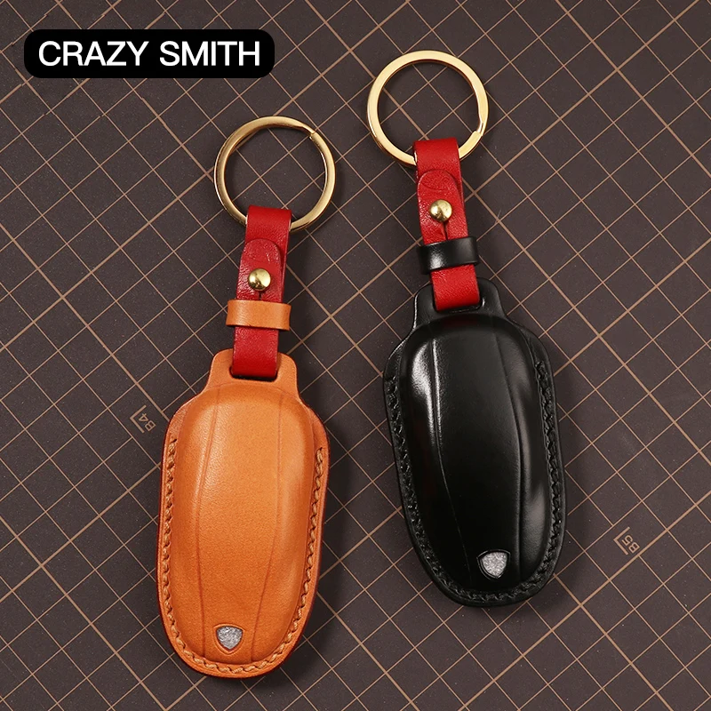 

Crazy Smith Handmade Car Key Case Cover for Tesla Model S Vegetable Tanned Leather High Grade Craft Mother's Father's Day Gift