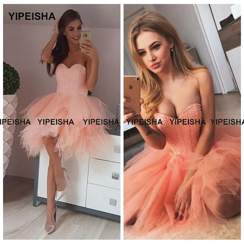 

Yipeisha Glitter Homecoming Dresses Short Puffy Tulle A-line Mini Party Gown Beaded Robe de Cocktail Plus Size Prom Gown