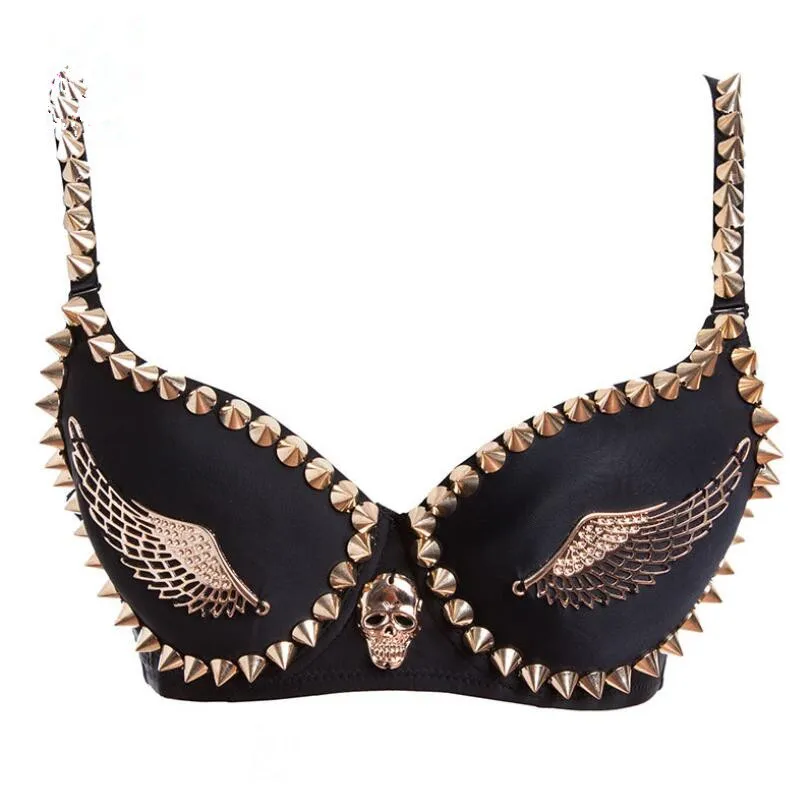 

Exotic Lingerie Black Cotton Gold Stud Rivet Bra Women Sexy Bustier Corset Nightclub Steampunk Belly Dance Push Up Bra Top p146