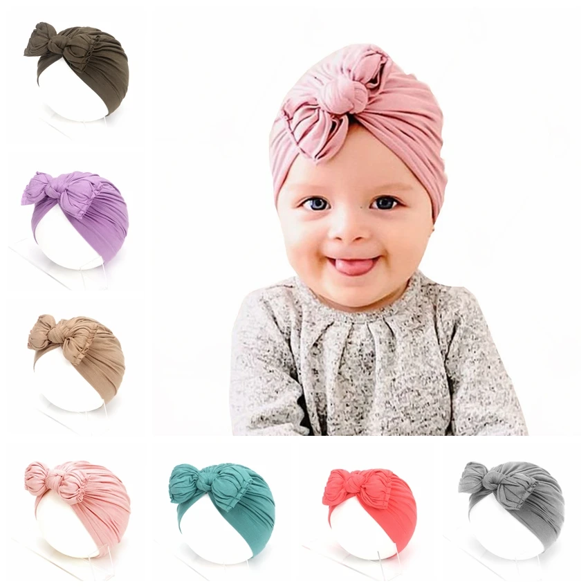 Cute 1PCS Newborn Infant Toddler Folds Knot Bow Turban Hat Indian Baby Kids Flower Beanie Caps Headwear Hair Accessories