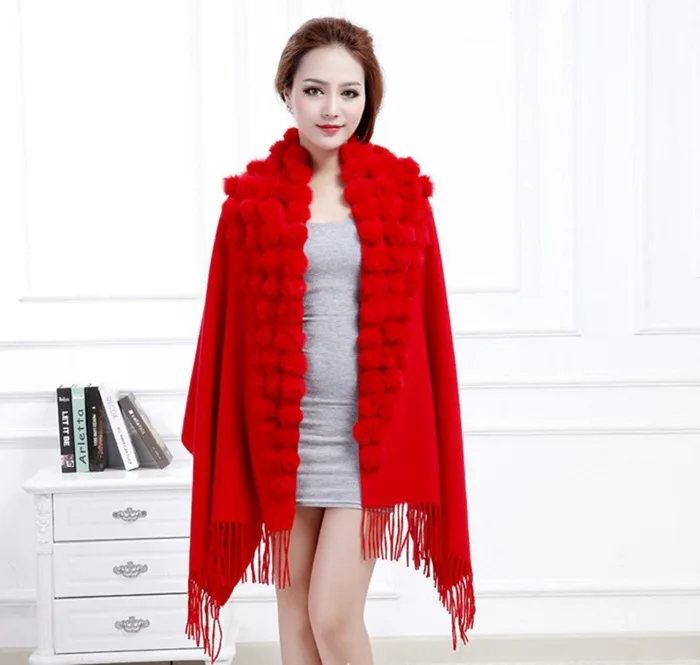 20 Colors Triangle Real Rabbit Fur Ball Shawl Wraps Winter Women Cashmere Tassel Cape Pompon Cloak Lady Mum Gift Casaco Feminino