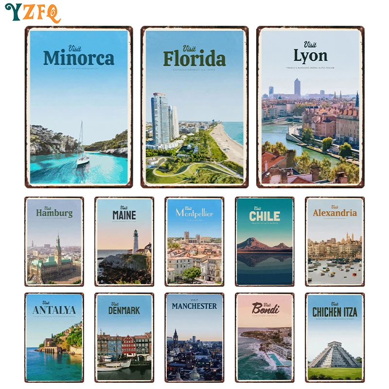 Travel Posters City LYON MAINE BONDI MINORCA Tin Sign Vintage Metal Board Decoration Living Room Bar Cafe Garage Gift DU-12800B