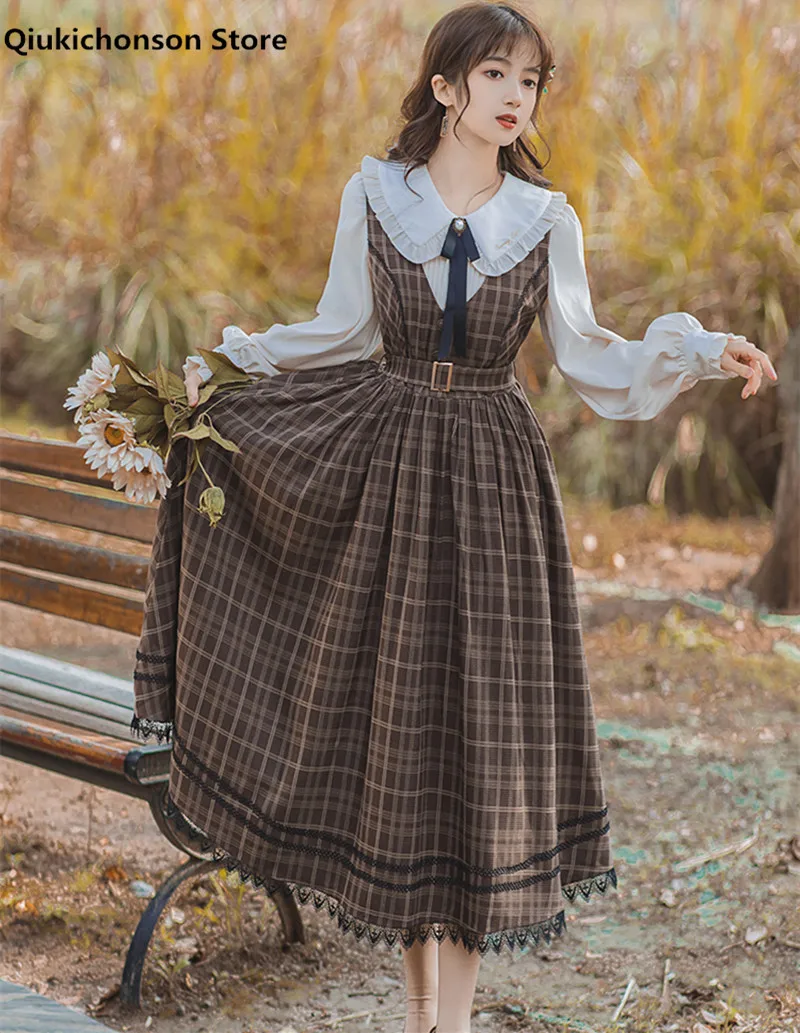 Wiosna jesień Midi długa spódnica w kratę kobiety w stylu Vintage wysokiej talii z paskiem koronkowy ścieg plisowana spódnica z szelkami Lolita śliczne kombinezony