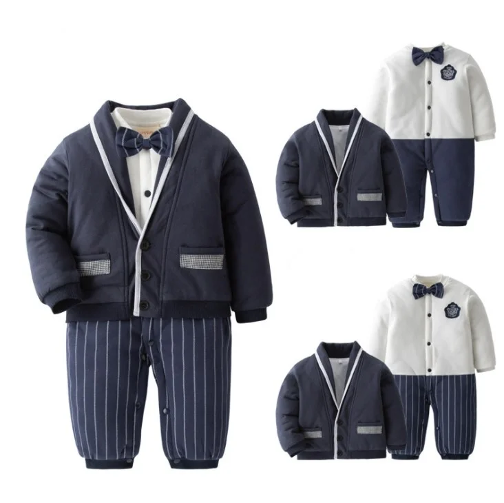 New Winner Arrival Bowtie Decorated Warm Cotton Baby Boys 2-piece Suit Set/Children Winter Clothes/Baby Boy Romper Set 3294