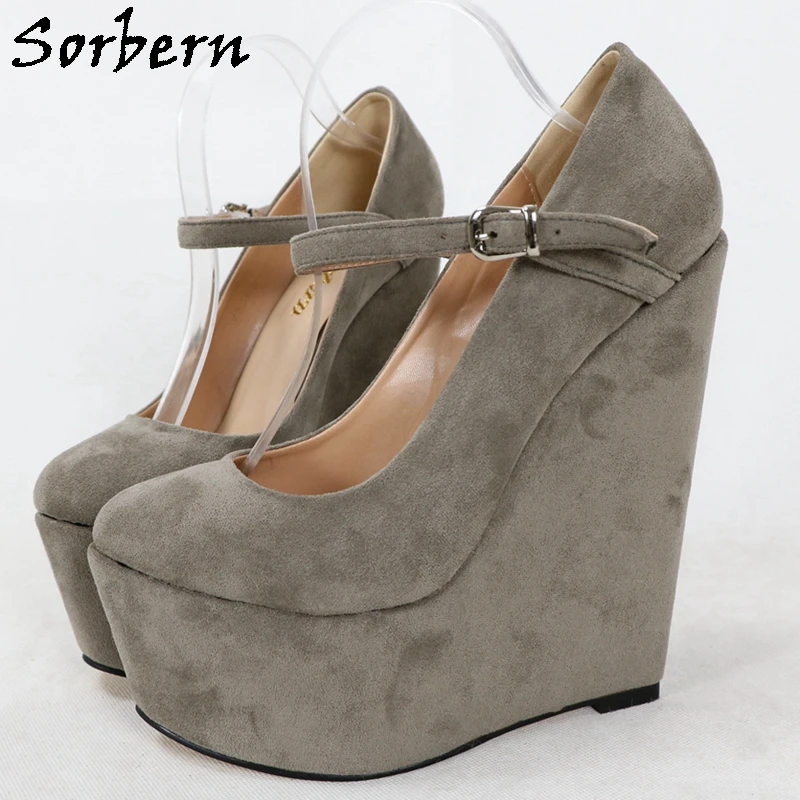 Sorbern Grey Mary Janes Women Pumps Wedges Platform Shoes Narrow Sole Super High Heels Dress Shoes Round Toes Custom Colors