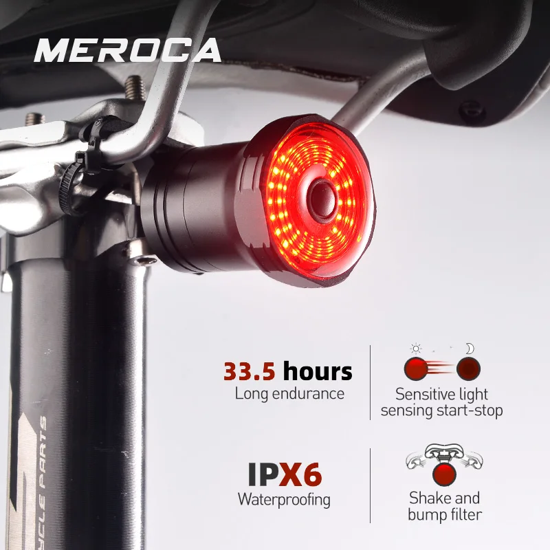 MEROCA Intelligent Bicycle Rear Light Auto Start/Stop Brake Sensing IPx6 Bike Taillight LED USB Charging Cycling Flashlight