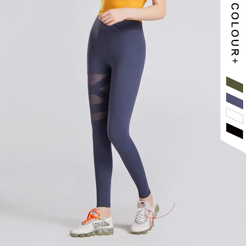 Gym Leggings New Yoga Pants Sports Fitness Clothes Women Running Slim Mesh High Waist Elasticity Solid Color