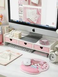 Fashion Pink Monitor Stand With Drawer Girl's Desk Organizer Set Multifunction Desktop Shelf Monitor Riser Stand