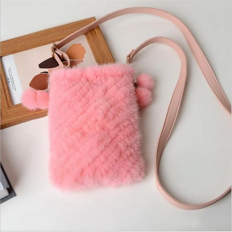 Real Mink Fur Crossbody Bags For Women Autumn Winter Plush Purses and Handbags Female Phone Shoulder Bag Girls Wallet