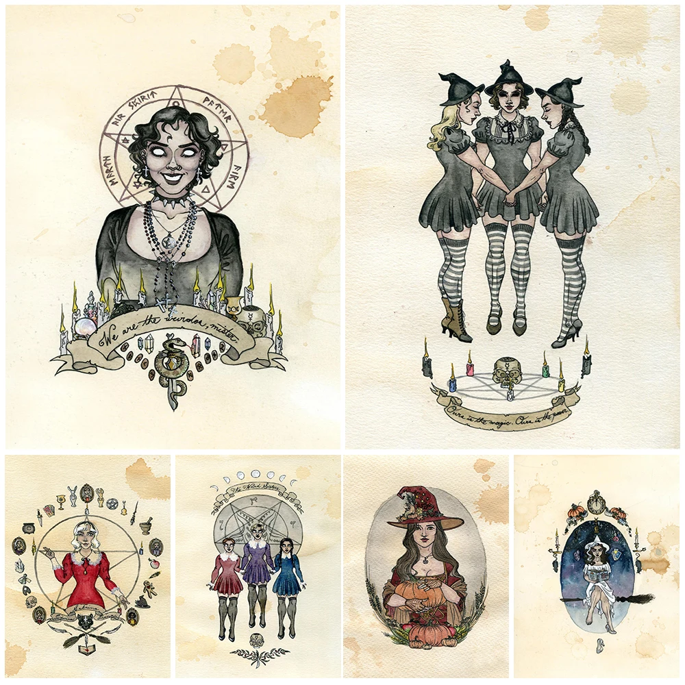 

The Ghost On The Moor And Midnight Magick Under The Stars Poster And Prints Retro Witch Coven Wall Art Canvas Painting Decor