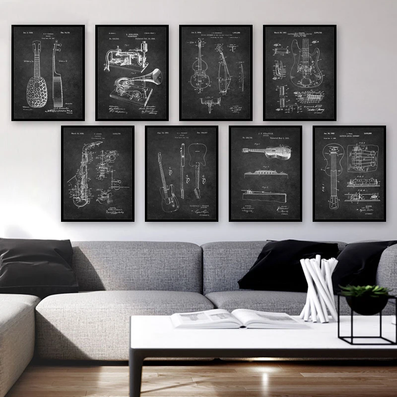 

Retro Style Black White Wall Art Pictures Fender Guitar Bass Violin Saxophone Blueprint Canvas Paintings Posters for Home Decor