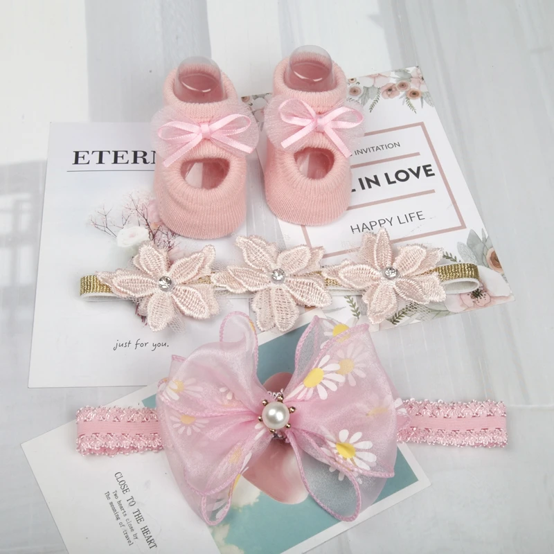 2021 Baby Flower Girl Headband Socks Set Crown Bows Newborn Hairband Headbands For Girls Turban Baby Hair Accessories 3Pcs/Set