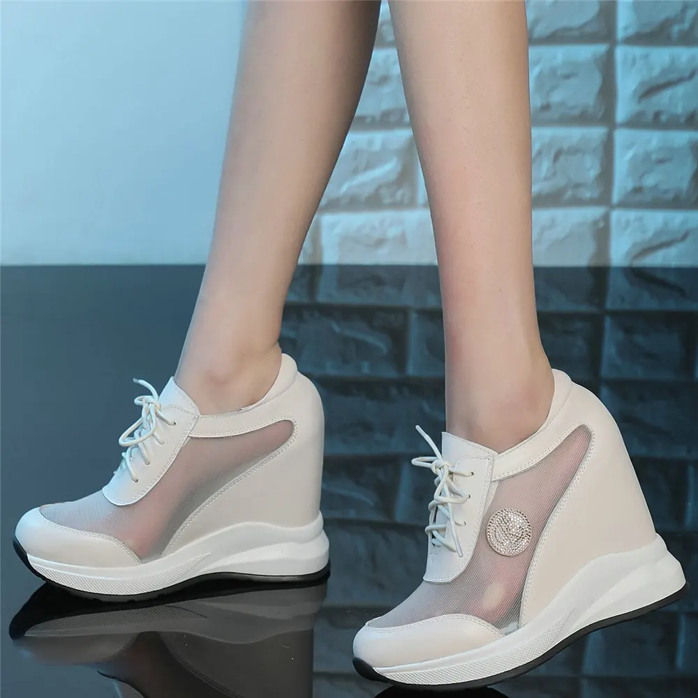 Pumps Shoes Women Cow Leather Wedges High Heel Gladiator Sandals Female Breathable Lace Round Toe Platform Pumps Casual Shoes