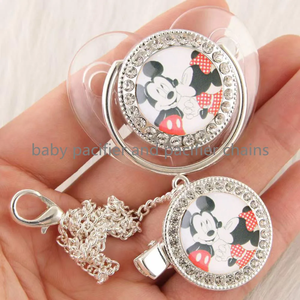 1set Disney Cartoon Silver Transparent Baby Pacifier with Clip Newborn BPA Free Luxury Bling Tetine Bebe and Pacifier Clips