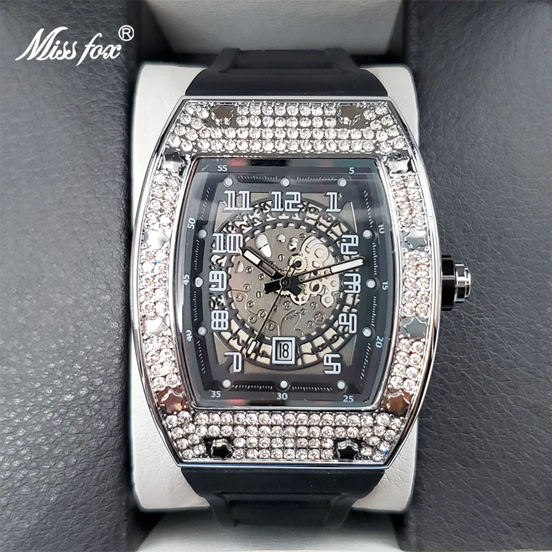 

MISSFOX Men's Iced Out Watch Big Case With Diamond Silicone Strap Watches For Men Sport Waterproof Calendar Large Clock New In