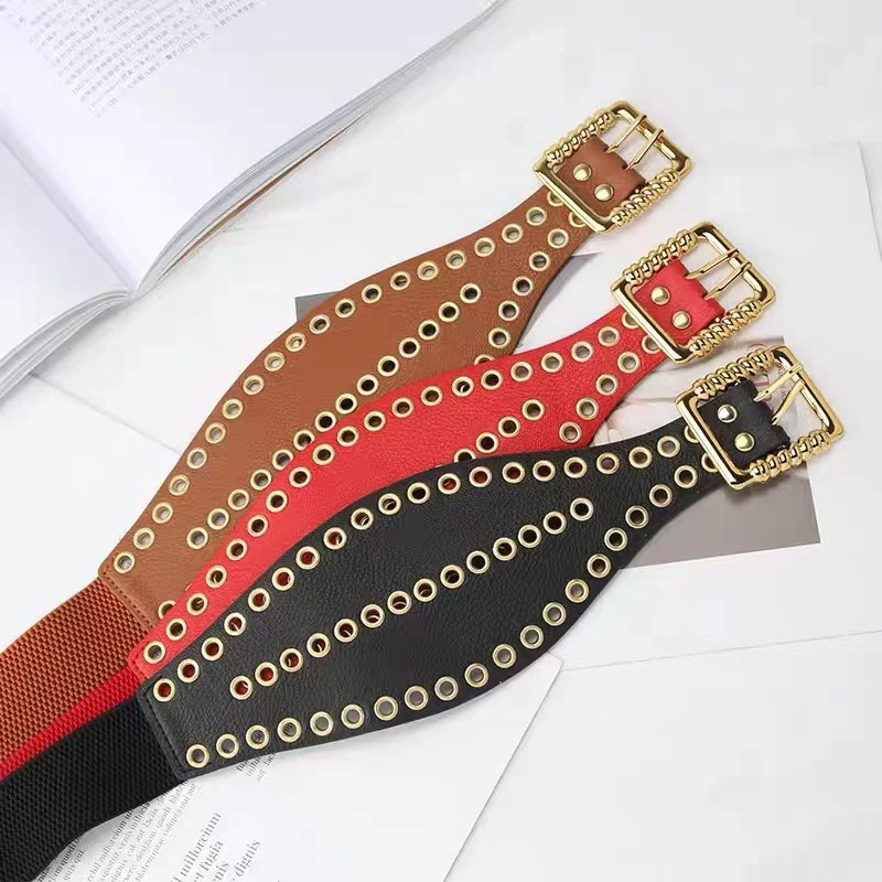 Elastic Corset Belt Vintage Grommet Wide Belts For Women Easy Stretch Cummerbunds Punk Rivet Goth Waistband Dress Coat Belt